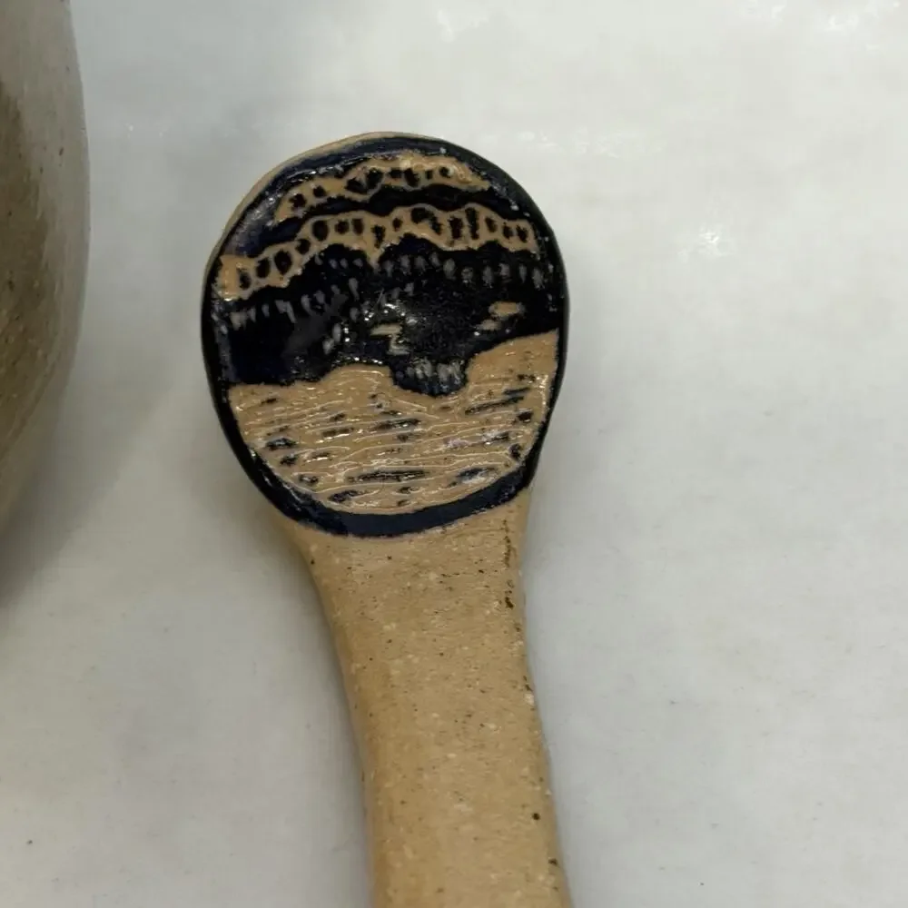 Sylvia Lawson NC Pottery Blue Sgrafitto Condiment Jar Lid Spoon Pilot Mountain