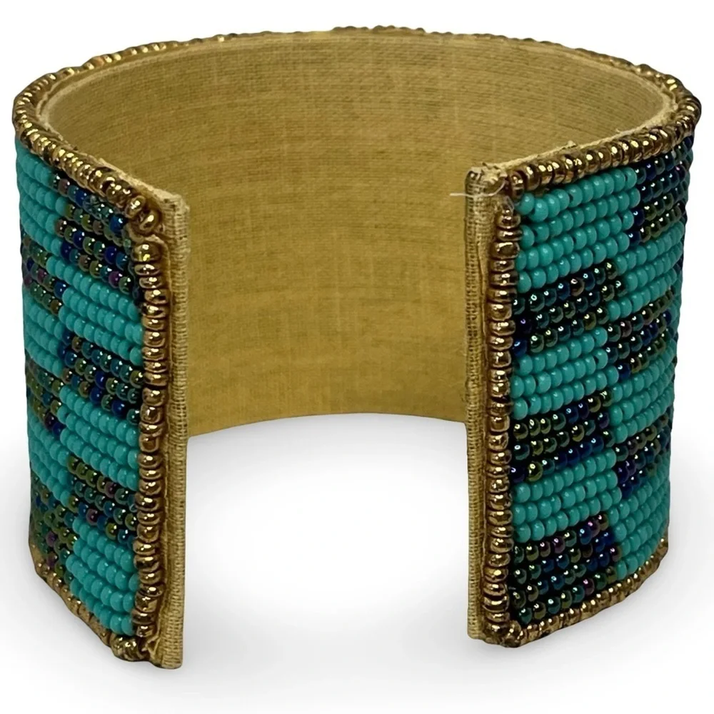 Turquoise and Gold Colored Beaded Evil Eye Cuff Bracelet