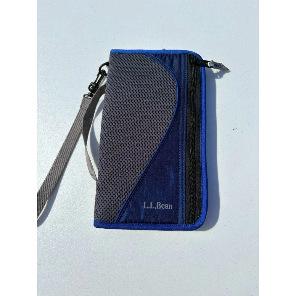 LL Bean Wallet Organizer Wristlet Blue Passport Travel Zip Around Nylon