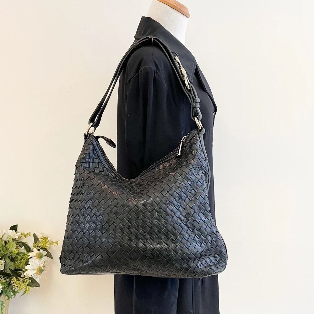 Cole Haan Avery Heritage Weave Black Leather Large Hobo with Hoof Pick Detail