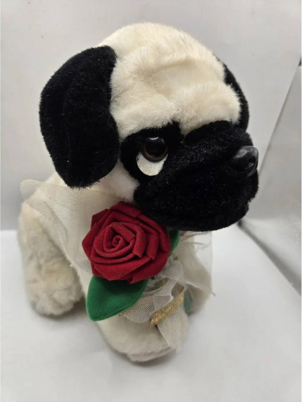 Walmart stores 9” white black Red Rose Puppy Dog Eyes Plush Stuffed Animal Toy