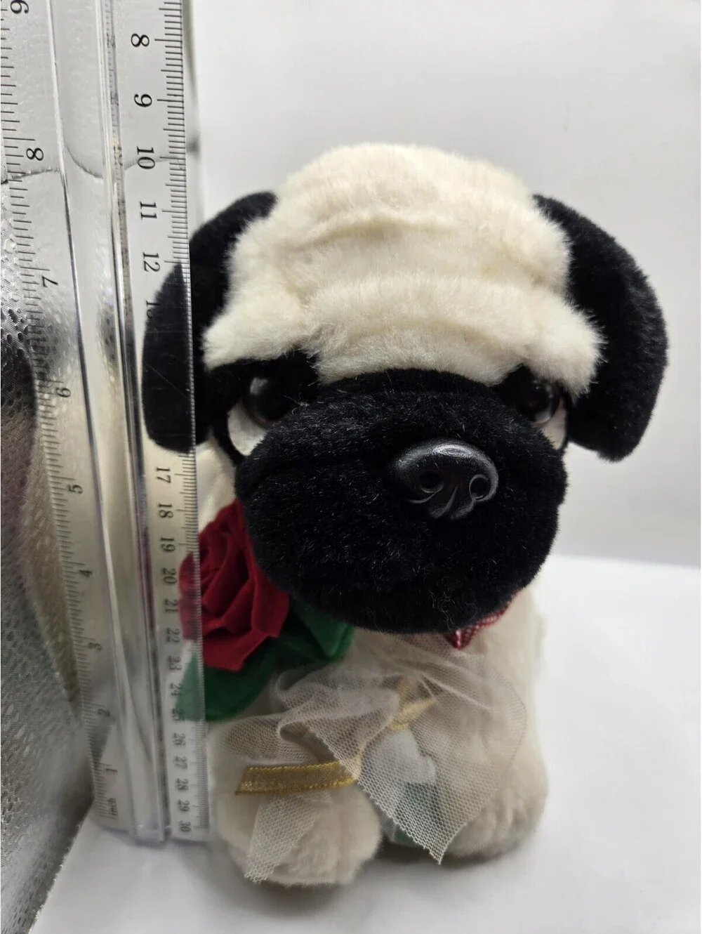 Walmart stores 9” white black Red Rose Puppy Dog Eyes Plush Stuffed Animal Toy