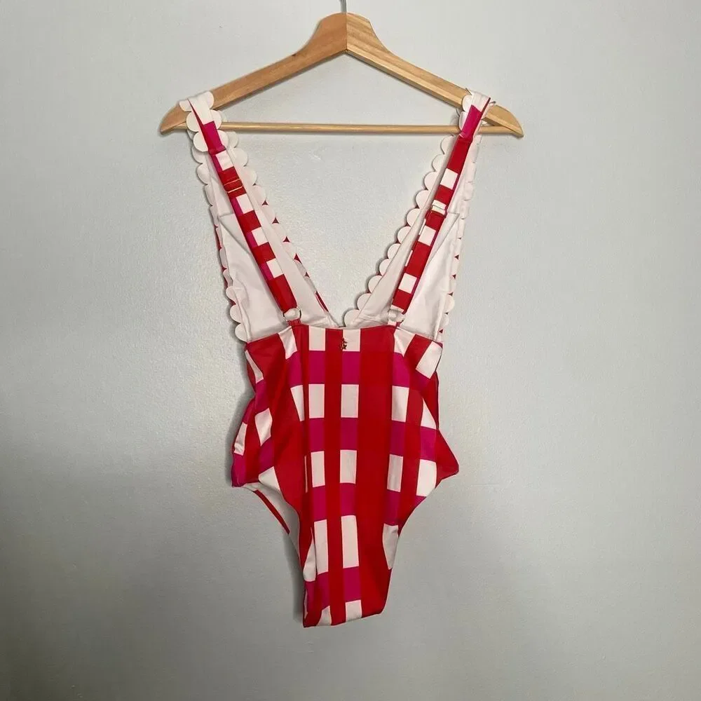 Red Gingham One-Piece Swimsuit with Scallop Trim - Women