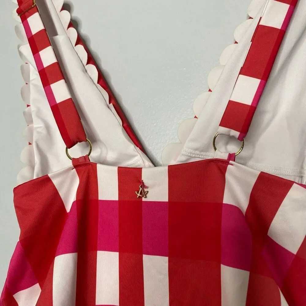 Red Gingham One-Piece Swimsuit with Scallop Trim - Women