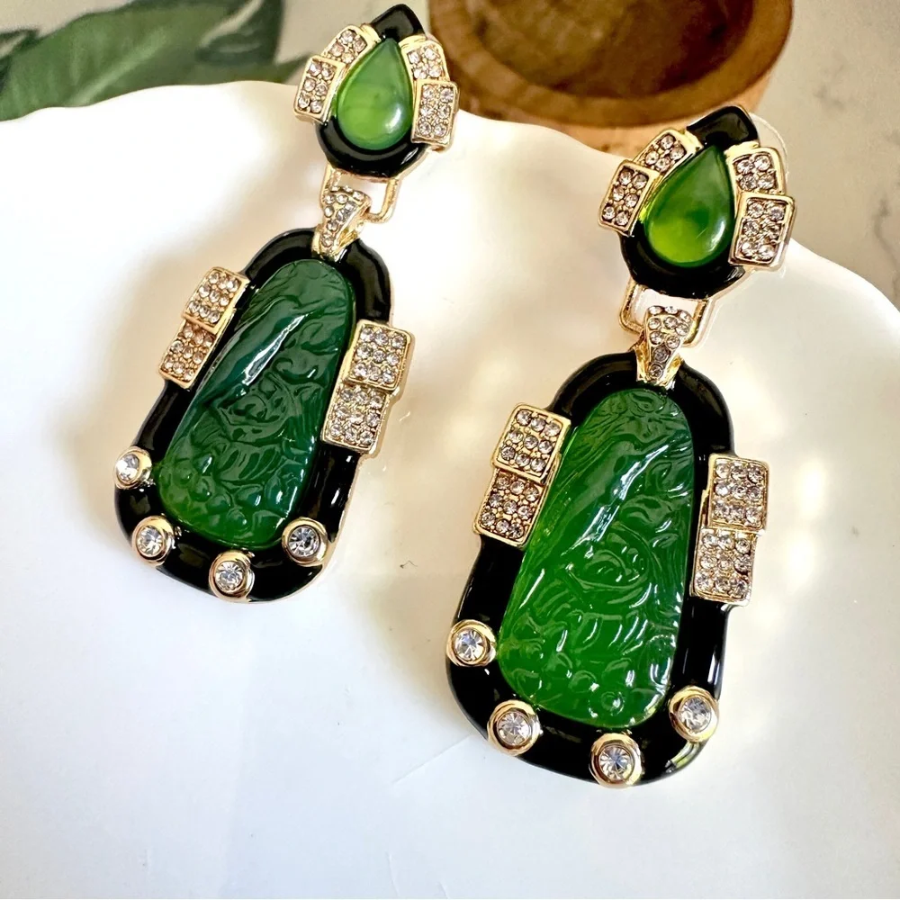 Vintage Style Faux Jade Inlaid Bird Earrings Chinese Art Deco Asian Gift NEW