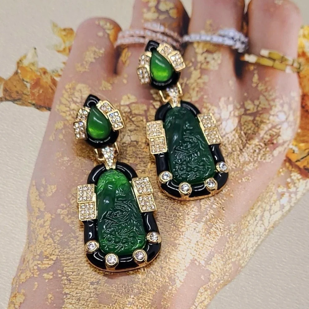 Vintage Style Faux Jade Inlaid Bird Earrings Chinese Art Deco Asian Gift NEW
