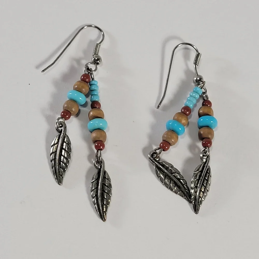 Southwestern Dangle Earrings Turquoise Brown Wood Bead Silver Leaf Boho Jewlery