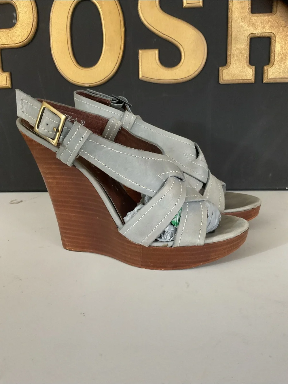 Naturalizer Light Gray Suede Knot-Front Wedge Sandals with Wood-Look Heel