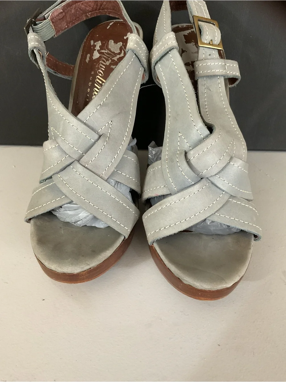 Naturalizer Light Gray Suede Knot-Front Wedge Sandals with Wood-Look Heel