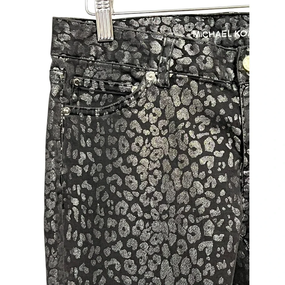 Michael Kors Jeans Womens 2‎ Black Skinny Metallic Leopard Animal Print Stretch