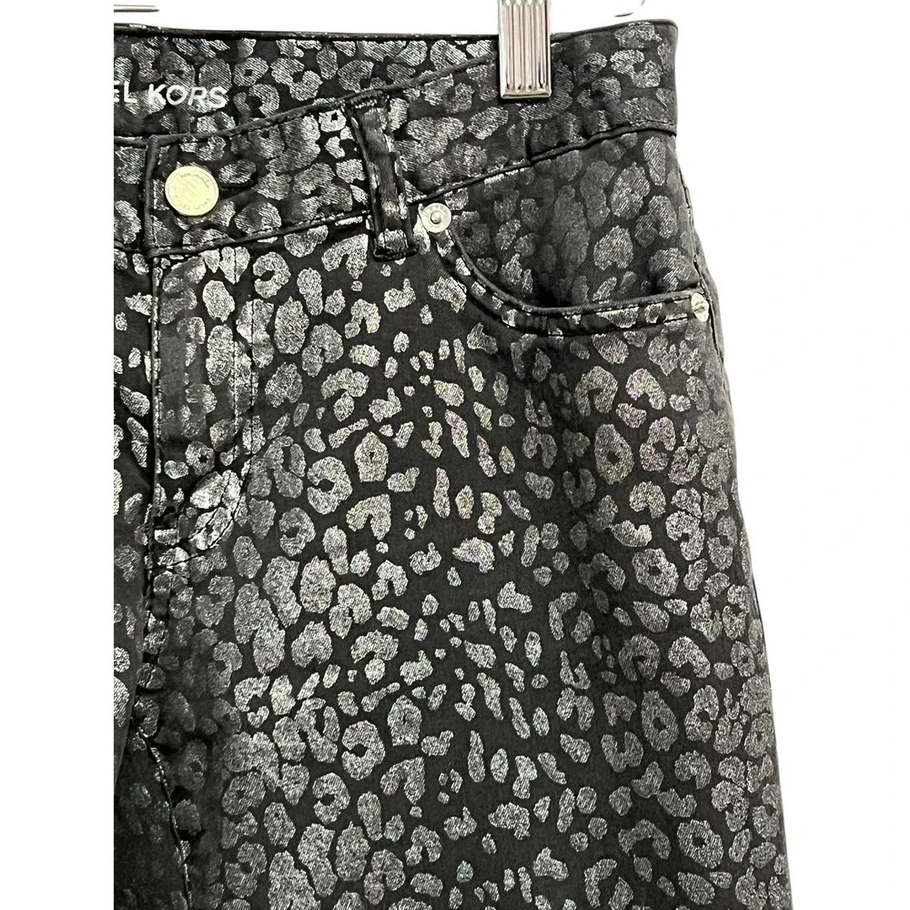 Michael Kors Jeans Womens 2‎ Black Skinny Metallic Leopard Animal Print Stretch