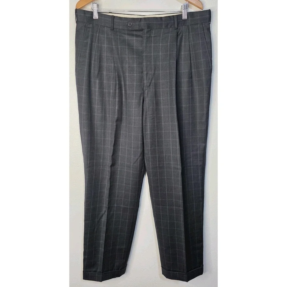 MILINEA 38x29 100% Wool Made Italy Men Gray Plaid Cuff Dress Pants Career Office