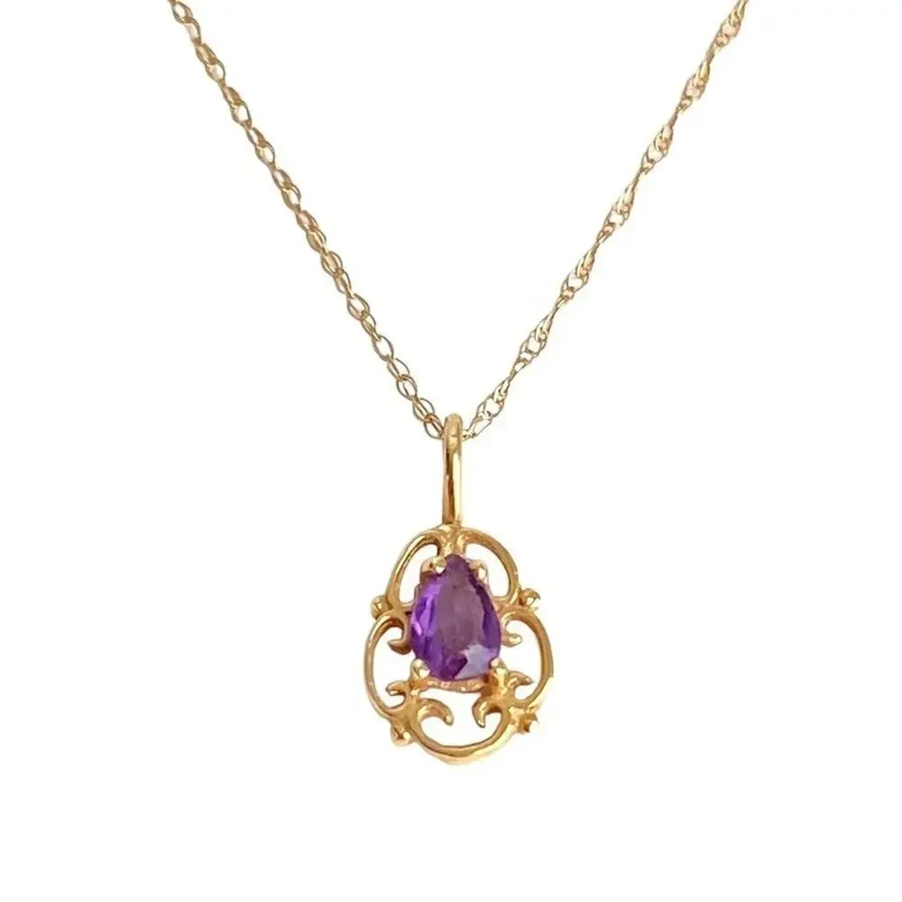 Vintage 14K Gold Amethyst Necklace Purple Scroll Pendant Dainty 10k 18” Chain‎