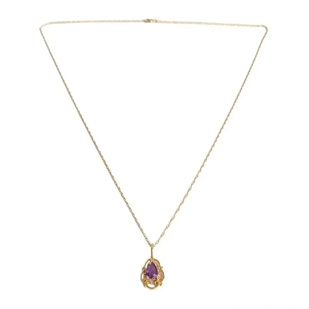 Vintage 14K Gold Amethyst Necklace Purple Scroll Pendant Dainty 10k 18” Chain‎