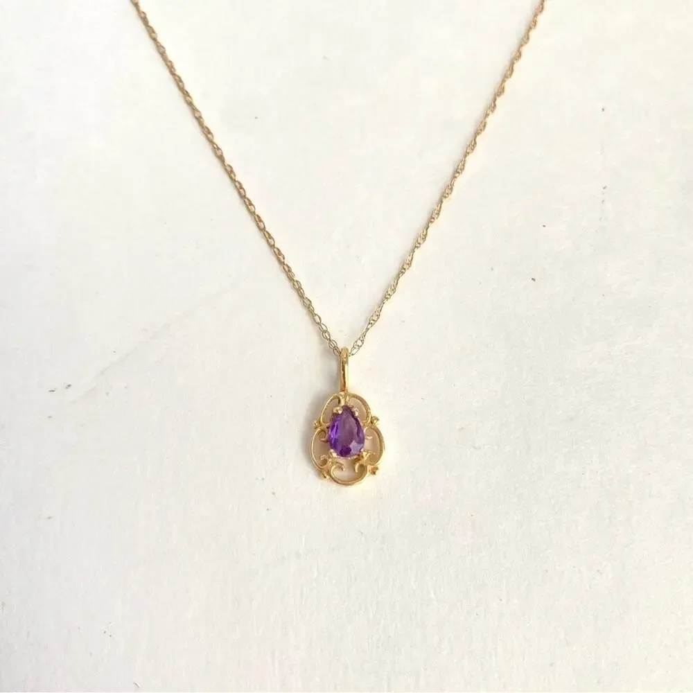 Vintage 14K Gold Amethyst Necklace Purple Scroll Pendant Dainty 10k 18” Chain‎