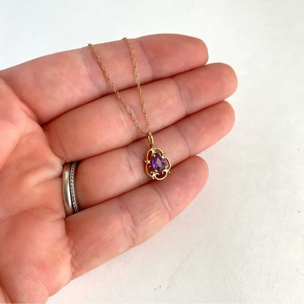 Vintage 14K Gold Amethyst Necklace Purple Scroll Pendant Dainty 10k 18” Chain‎