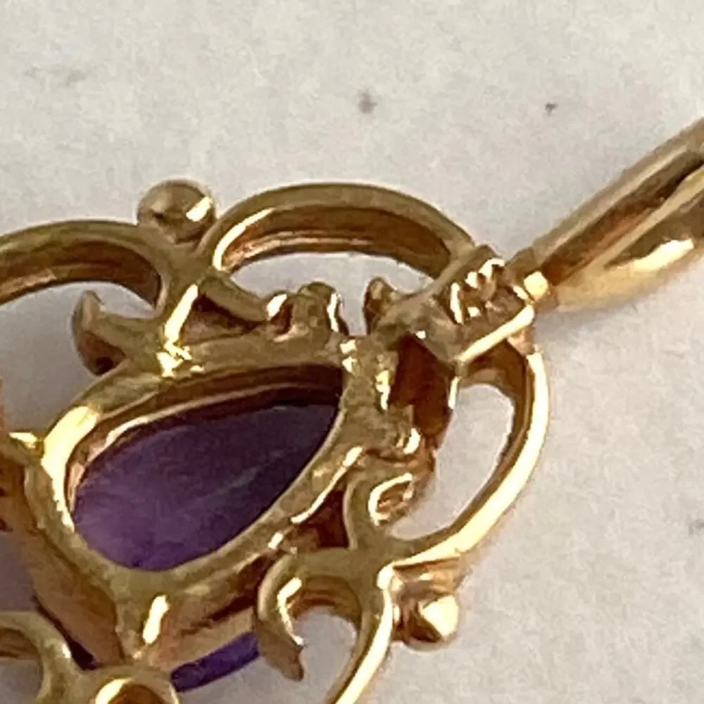 Vintage 14K Gold Amethyst Necklace Purple Scroll Pendant Dainty 10k 18” Chain‎