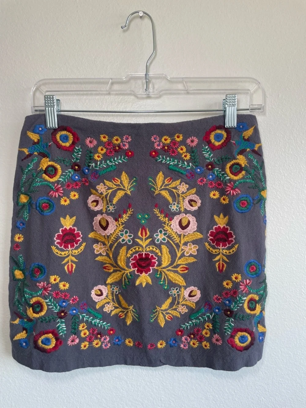 Umgee USA Boho Embroidered Mini Skirt Floral Gray Cotton Linen Medium