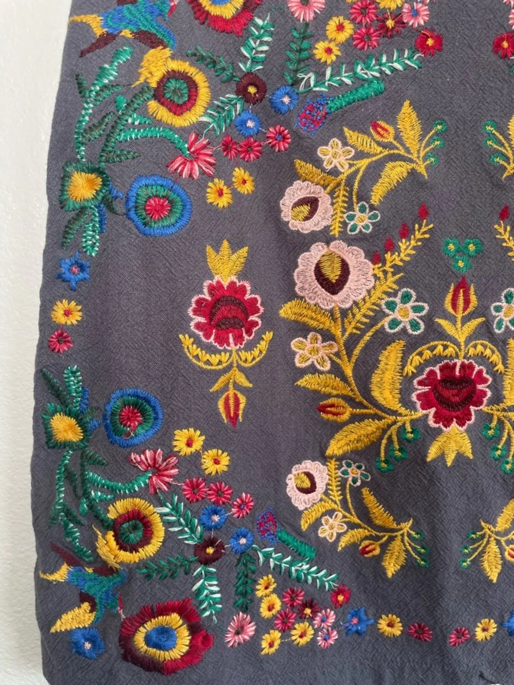 Umgee USA Boho Embroidered Mini Skirt Floral Gray Cotton Linen Medium