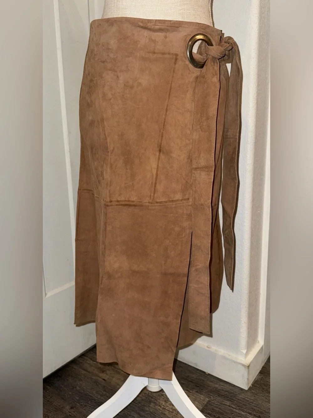 Porter Rd Genuine Goat Leather Suede Wrap Midi Skirt Brown L