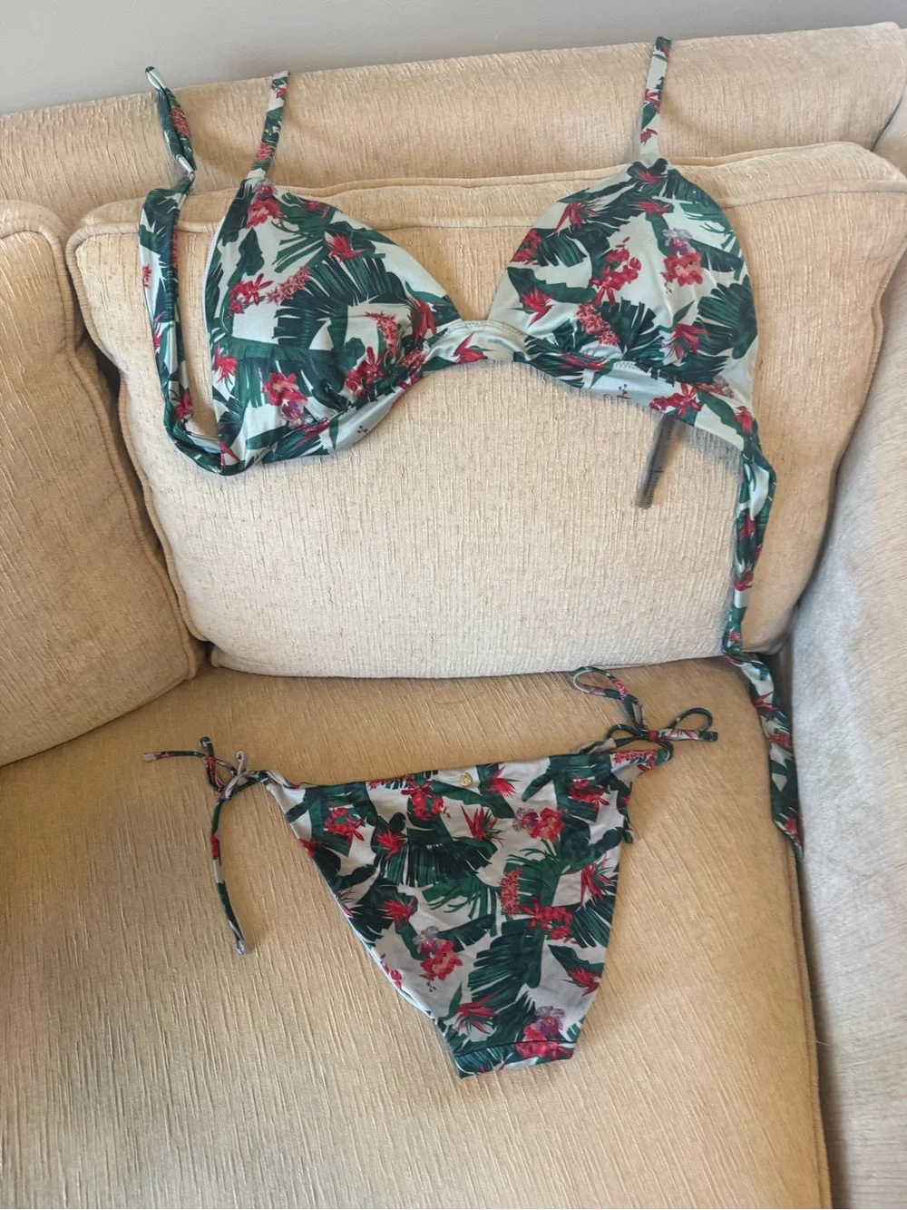 Tropical Floral Tie Bikini Top & Bottom - Green & Red