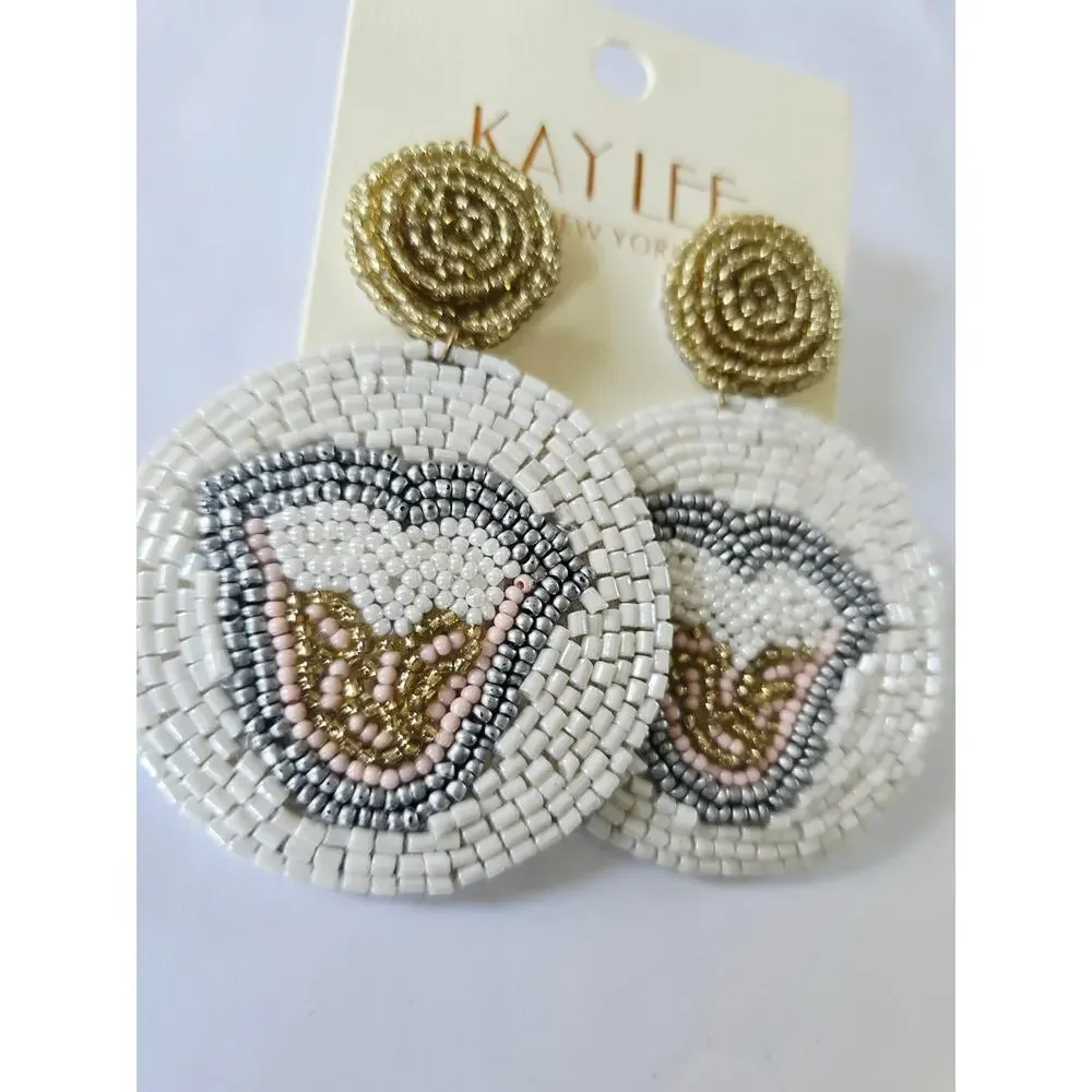 Kay Lee White Lip Mouth Glass Beaded White Earrings New