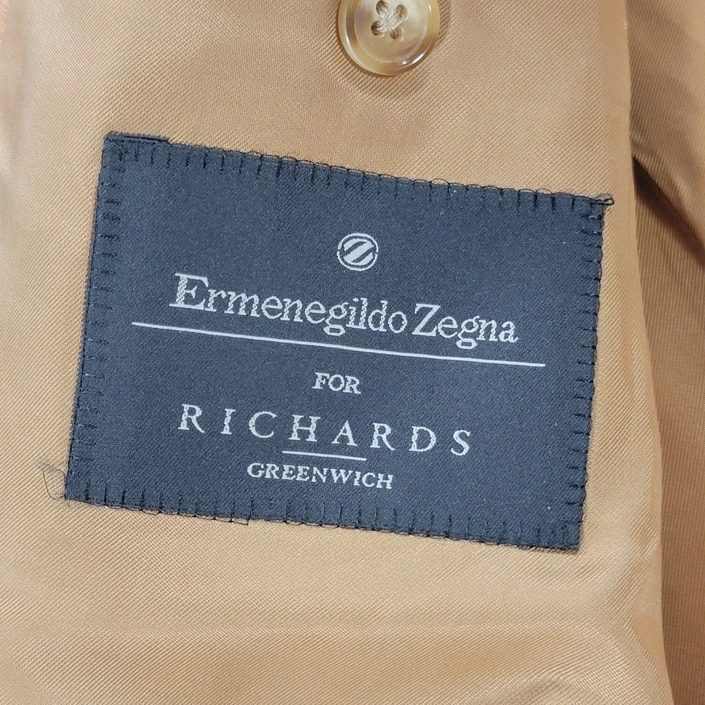 Ermenegildo Zegna Linen Wool Sport Coat Blazer Tan Peach Windowpane 46L Italy
