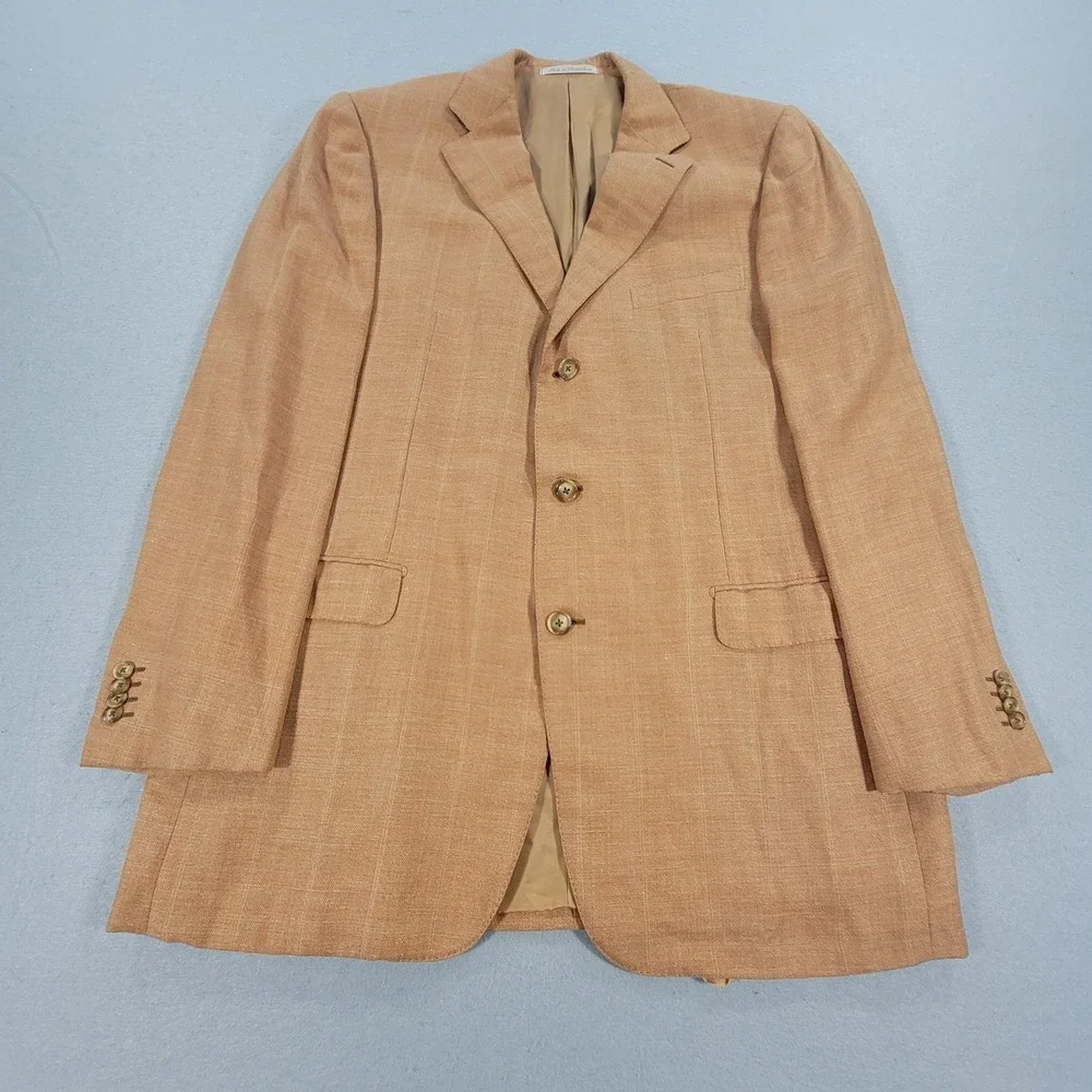 Ermenegildo Zegna Linen Wool Sport Coat Blazer Tan Peach Windowpane 46L Italy