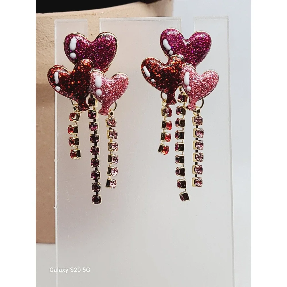 Red Pink Glitter Heart Balloon Drop Earrings Rhinestone Fringe Gold Tone Studs‎