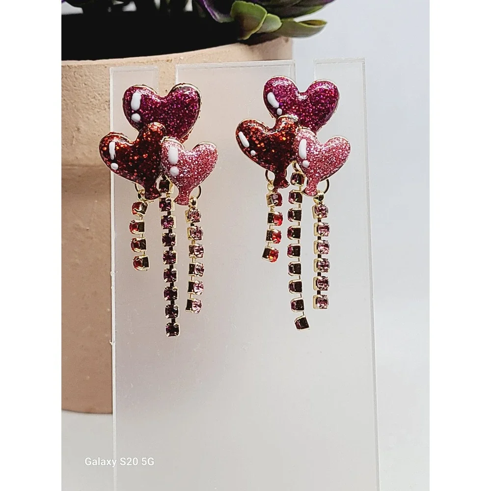 Red Pink Glitter Heart Balloon Drop Earrings Rhinestone Fringe Gold Tone Studs‎