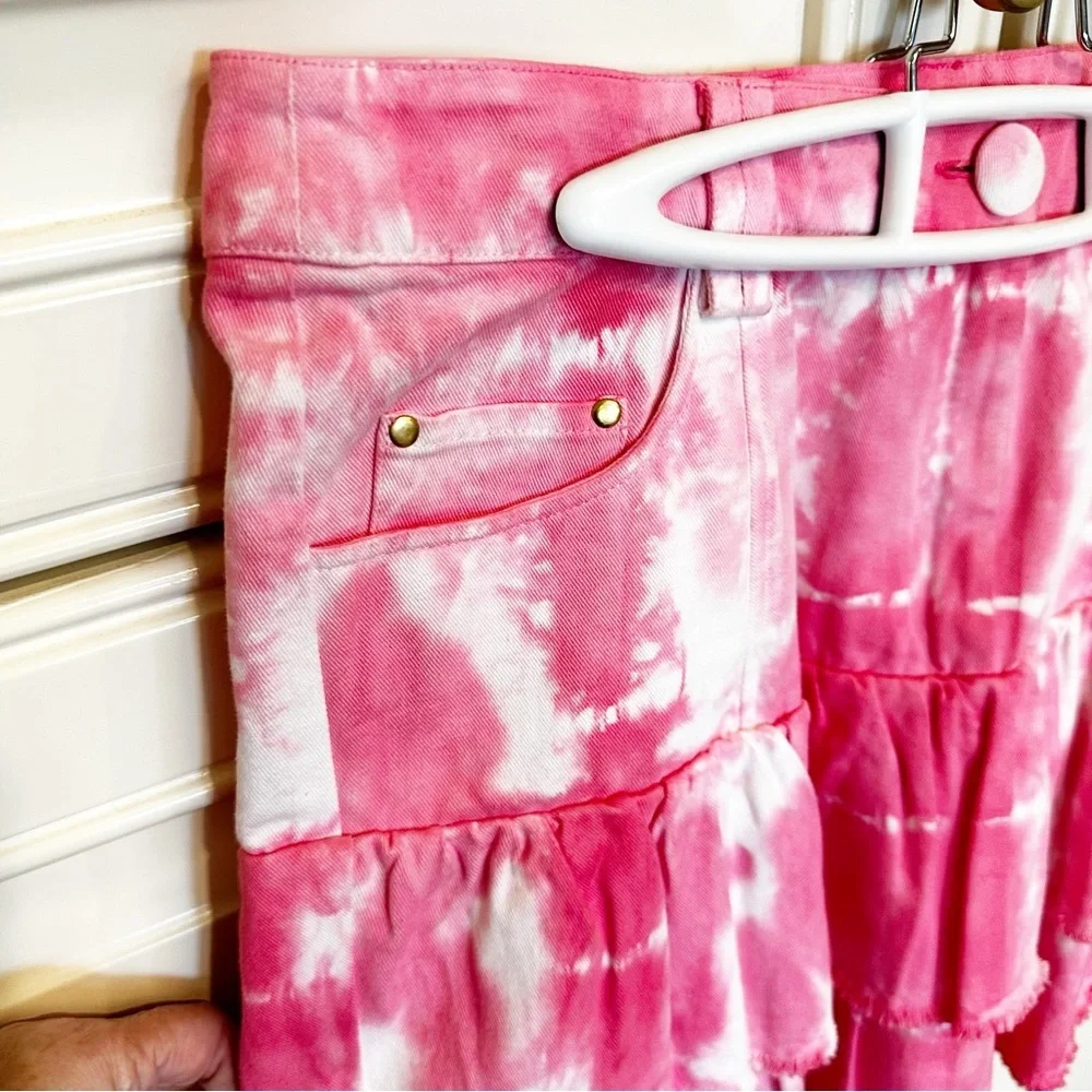 LoveShackFancy Landen Women’s Pink‎ Tie Dye Tiered Ruffle Mini Skirt Cotton Y2K