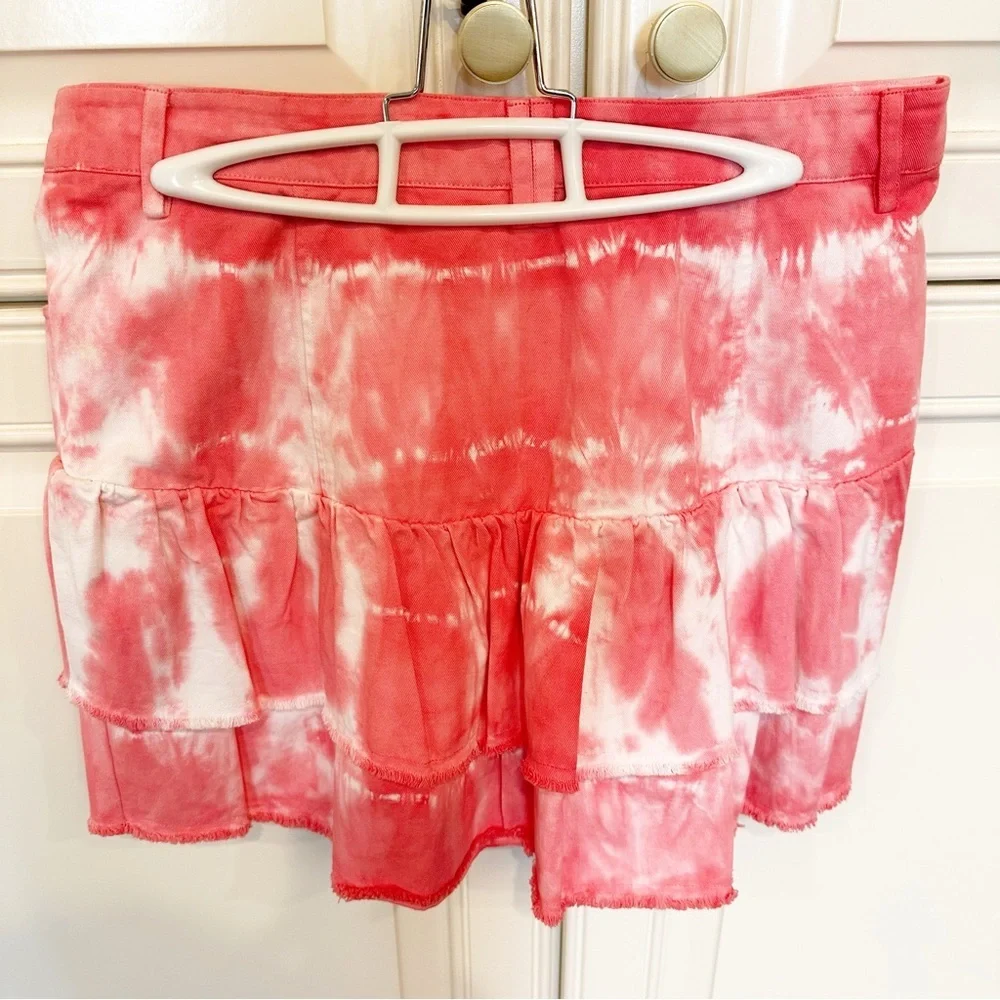 LoveShackFancy Landen Women’s Pink‎ Tie Dye Tiered Ruffle Mini Skirt Cotton Y2K