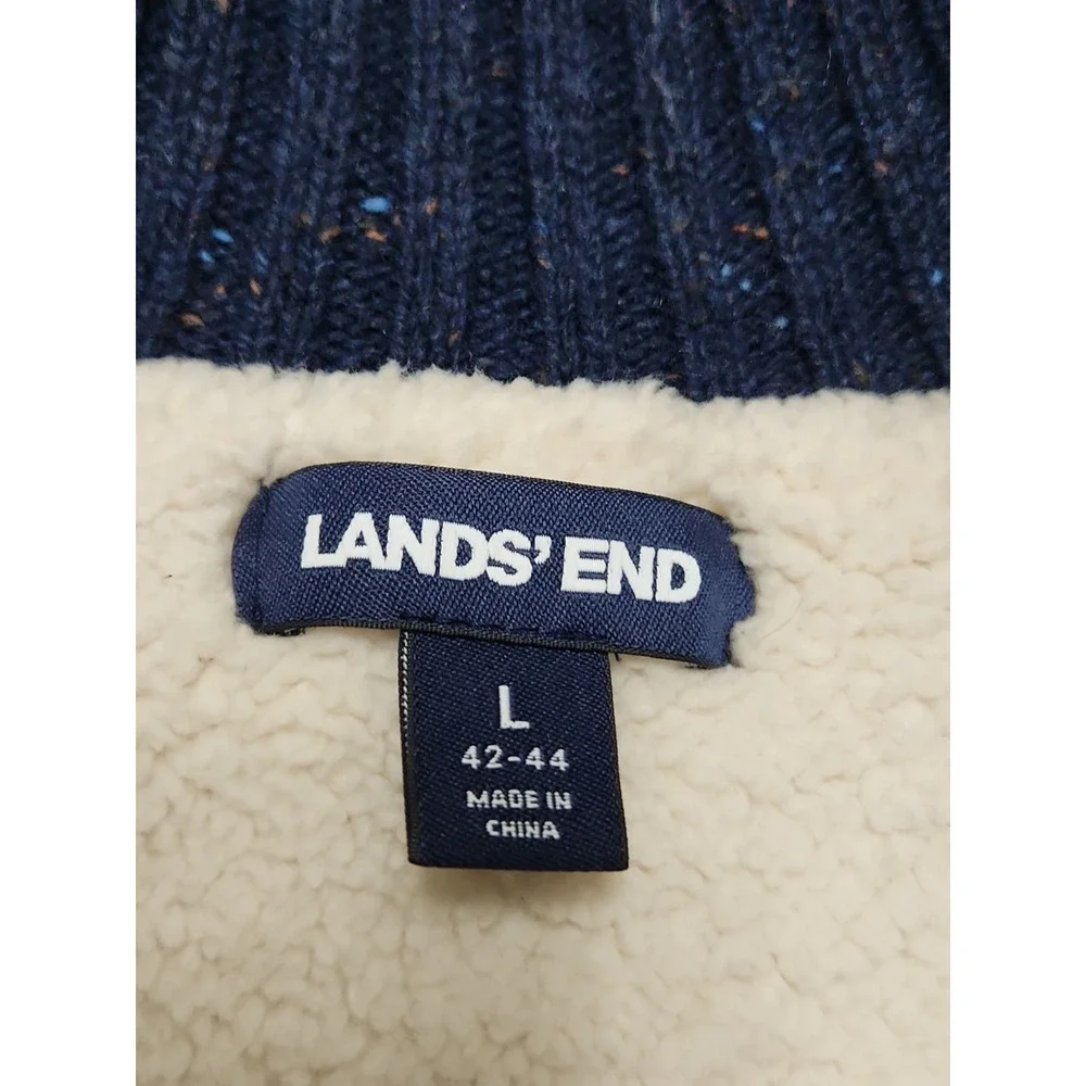 Lands' End Navy Textured Wool Blend Sherpa Trim Button Sweater Men's Large 42-44