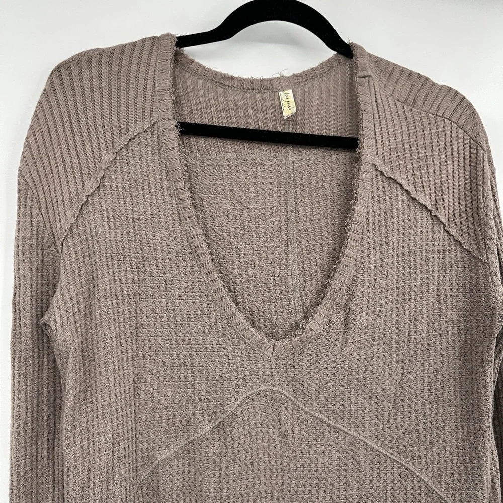 Free People Womens Sunset Park Waffle Knit Tunic Top Sz XS Raw Edges Boho Indie