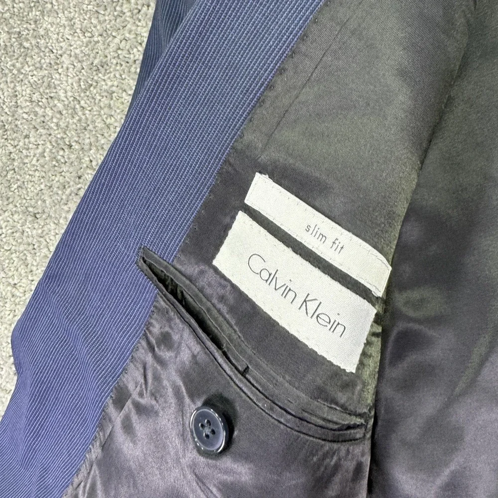 Calvin Klein Suit Jacket Mens 44 Blue Slim Fit Wool Striped Business Formal