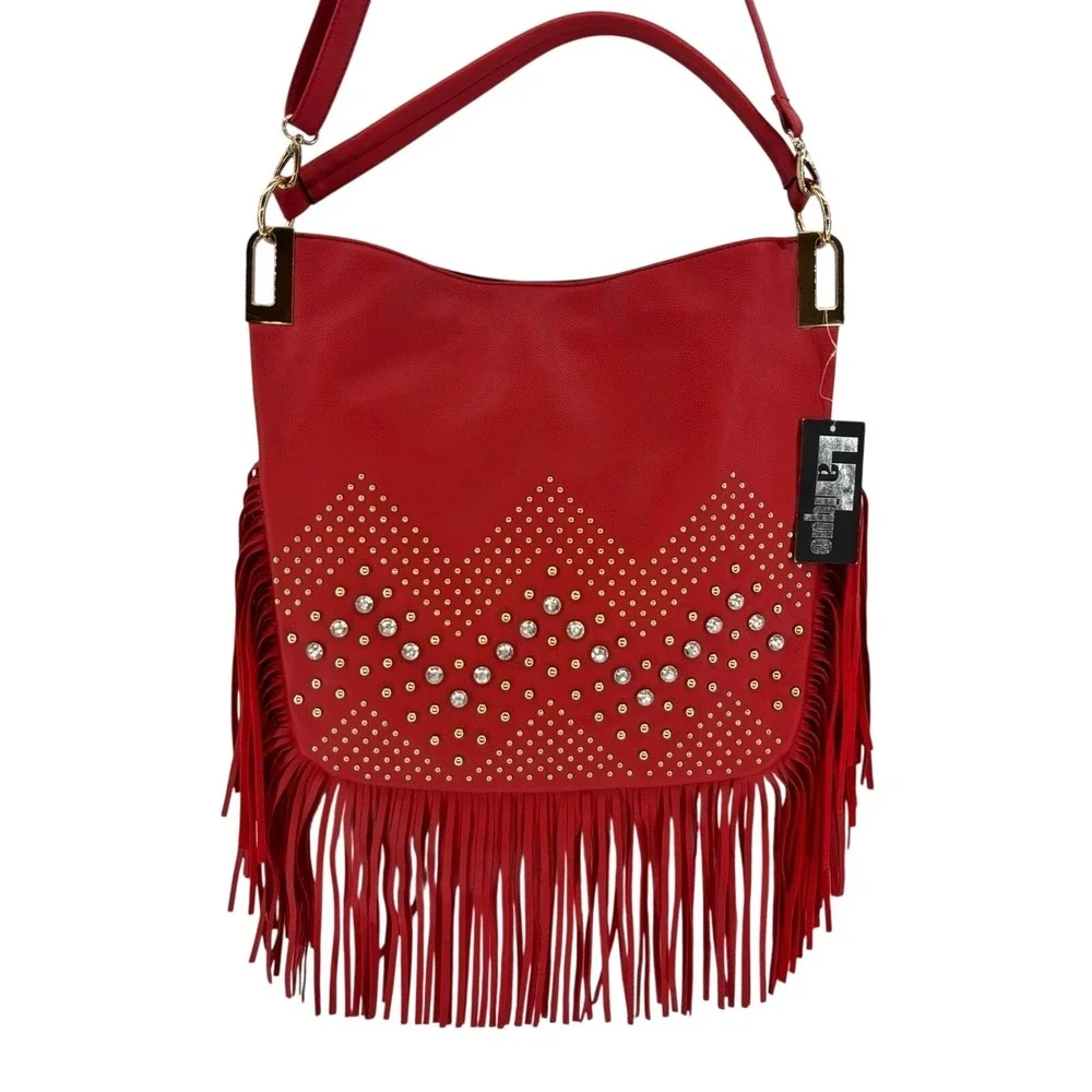 LaTique Red Studded Fringe Hobo Bag Vegan Leather Boho Western Festival Cowgirl