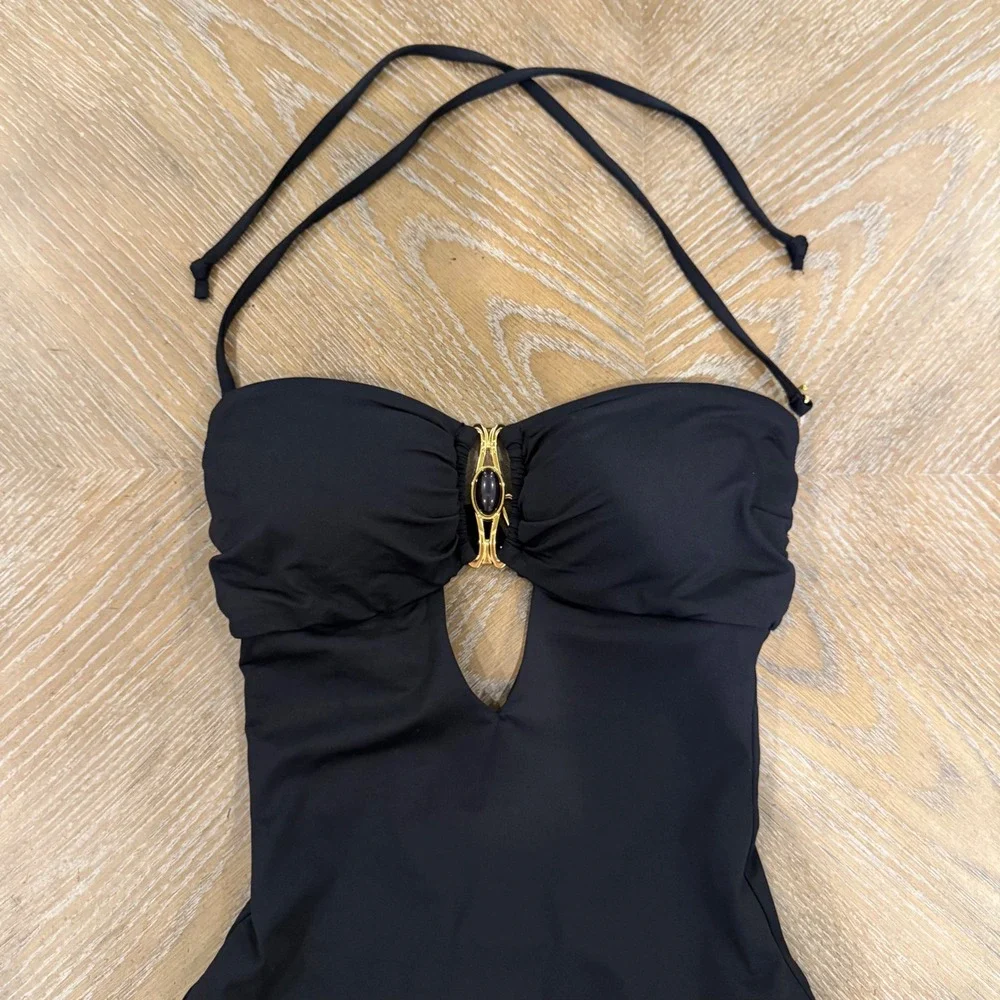 BECCA Rock Solid Gold Buckle Bandeau One Piece Swimsuit Black Medium NWOT