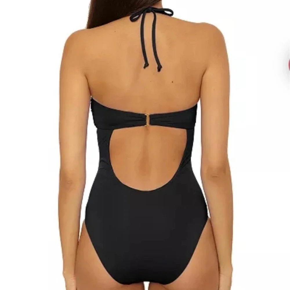 BECCA Rock Solid Gold Buckle Bandeau One Piece Swimsuit Black Medium NWOT