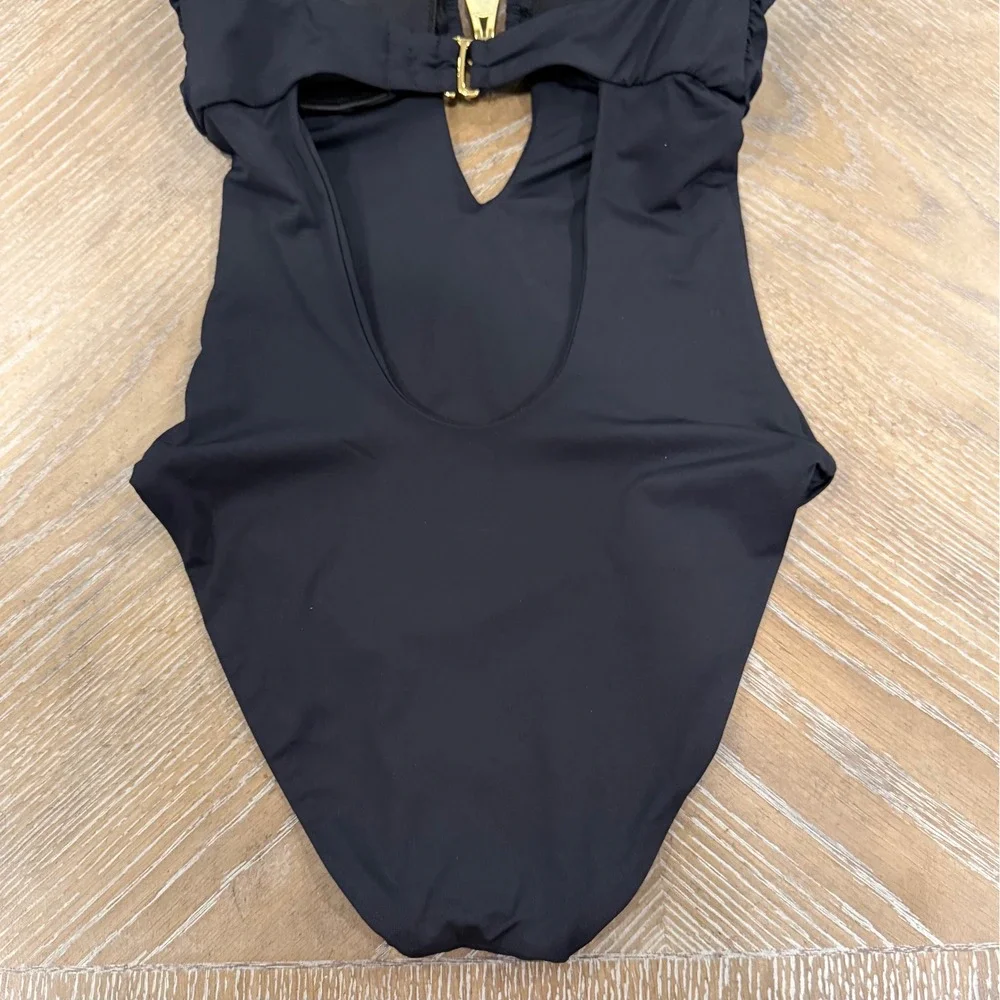 BECCA Rock Solid Gold Buckle Bandeau One Piece Swimsuit Black Medium NWOT