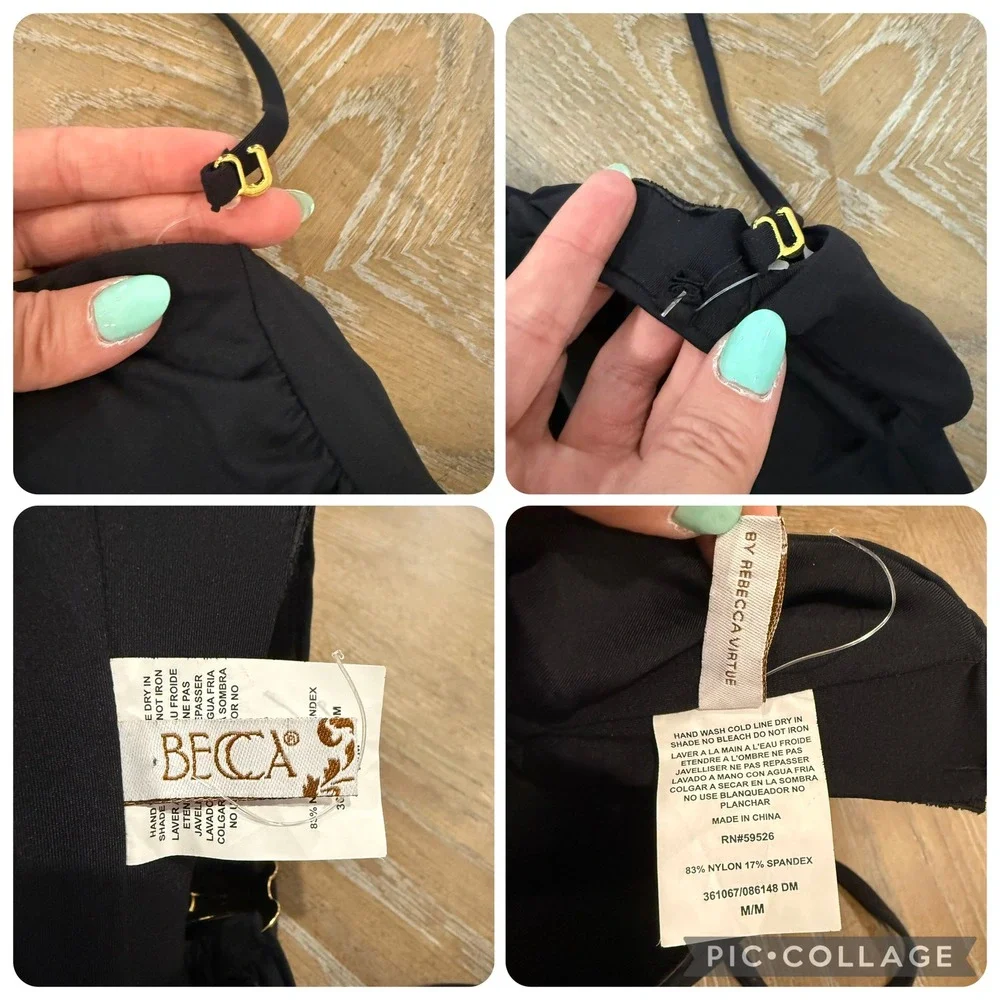 BECCA Rock Solid Gold Buckle Bandeau One Piece Swimsuit Black Medium NWOT
