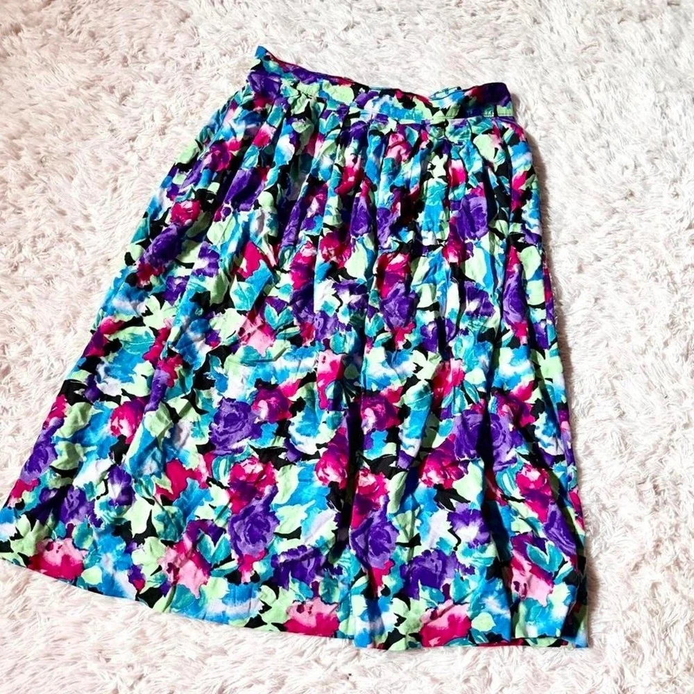 Vintage 80s Colorful Floral Whimsical Fairy Cottage Core Midi Skirt Womens 16
