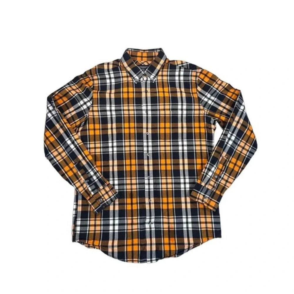 American Eagle Men's Size Large Prep Fit Orange‎ Black Plaid Long Sleeve Button
