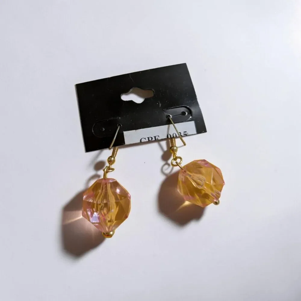 Kira Kira Pink Faceted Bead Dangle Earrings, Gold Tone Drop Earrings, Y2K Look