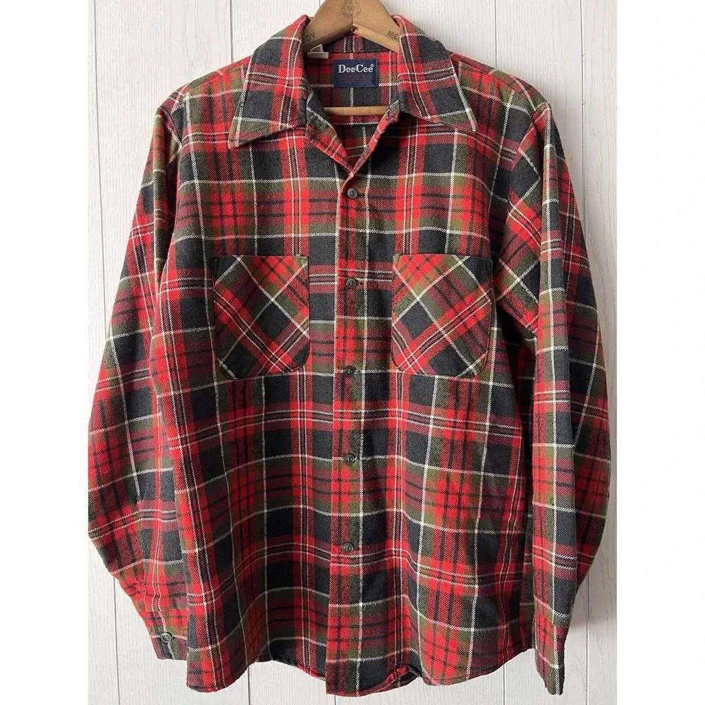 Vintage Dee Cee Flannel Shirt Mens Large Red Green USA 70s USA Grunge Retro