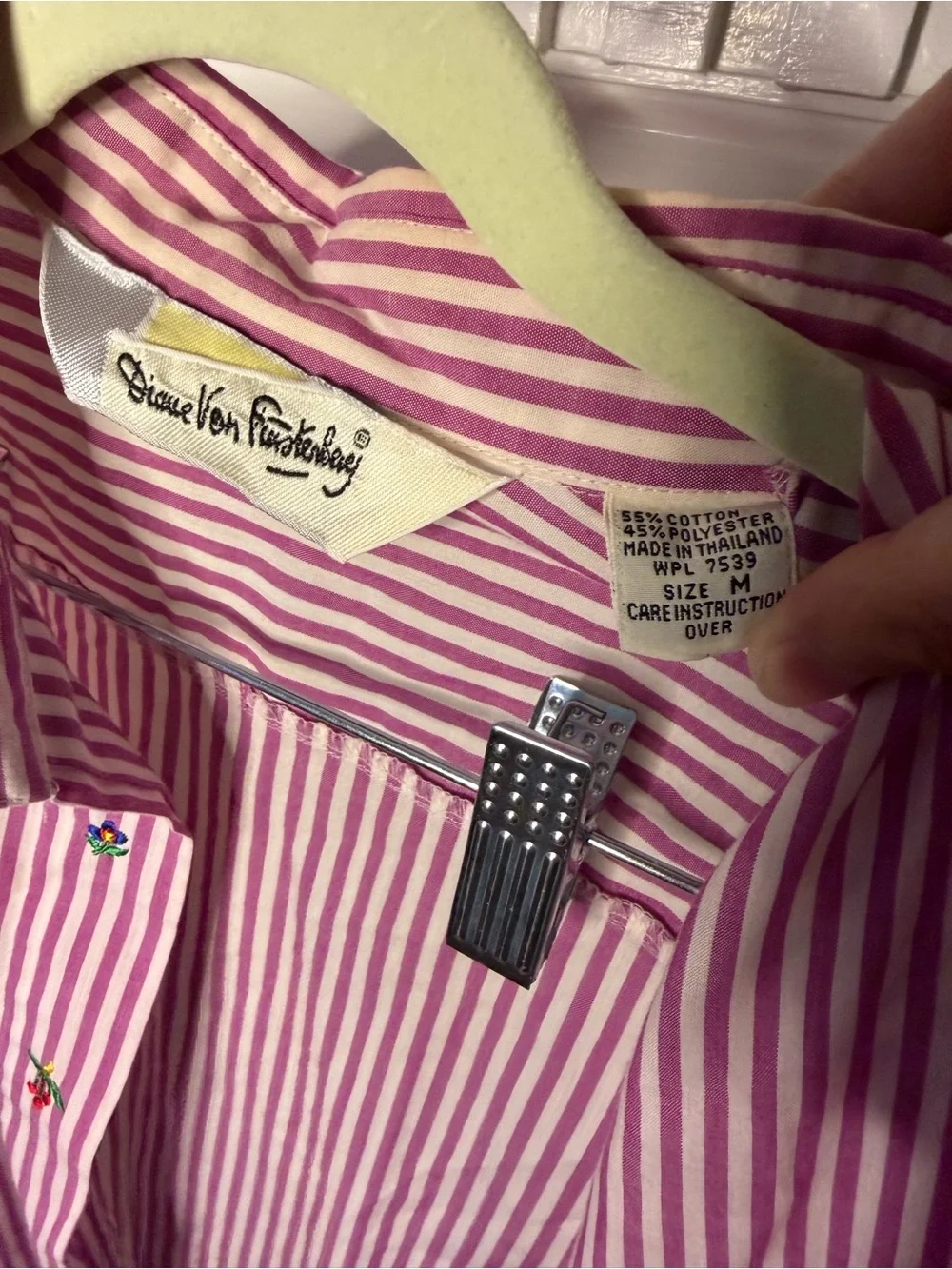 Diane von Furstenberg Pink Stripe Button Down Shirt Embroidered Floral Detail