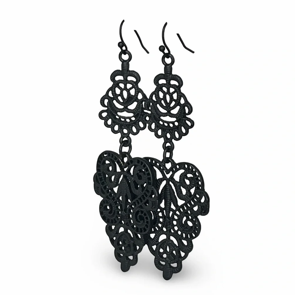 Black Metal Filigree Dangling Earrings