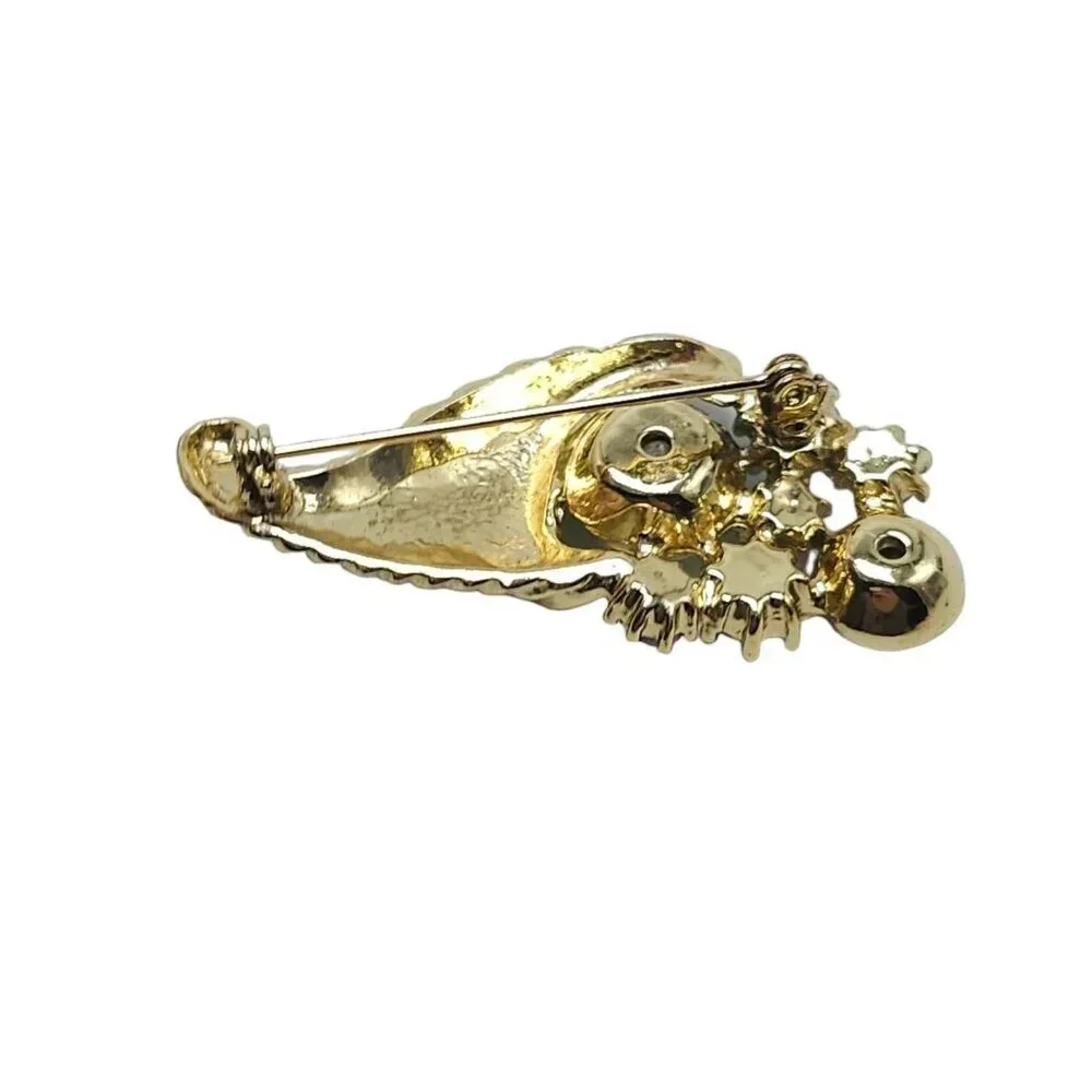 Cornucopia Aurora Borealis Rhinestone Brooch Pin Gold Tone Vintage