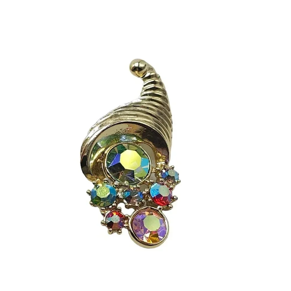 Cornucopia Aurora Borealis Rhinestone Brooch Pin Gold Tone Vintage