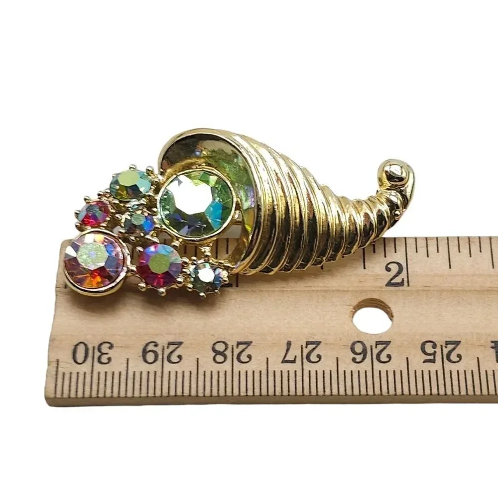 Cornucopia Aurora Borealis Rhinestone Brooch Pin Gold Tone Vintage