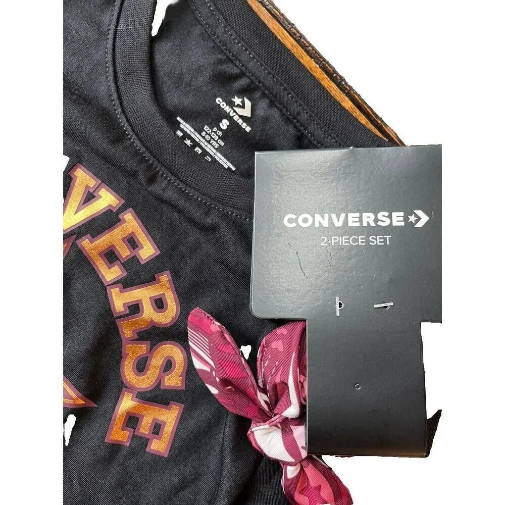 Converse Girls  2 Piece Black Long Sleeve Top  Size S and Scrunchie